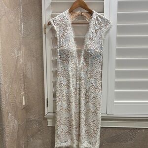 Jovani White Lace Cap Sleeve Dress